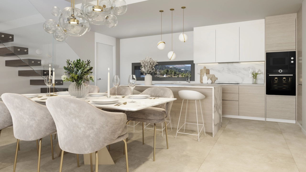 Moderne kjøkken er fullt utstyrt med designerhvitevarer og finish av høy kvalitet.