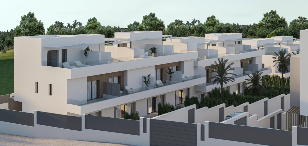 En utsikt over den elegante ytre arkitekturen og private terrasser.