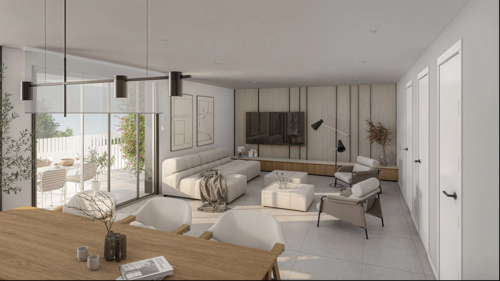 Lyse og romslige oppholdsrom designet for komfort, med sømløs overgang til den private terrassen.