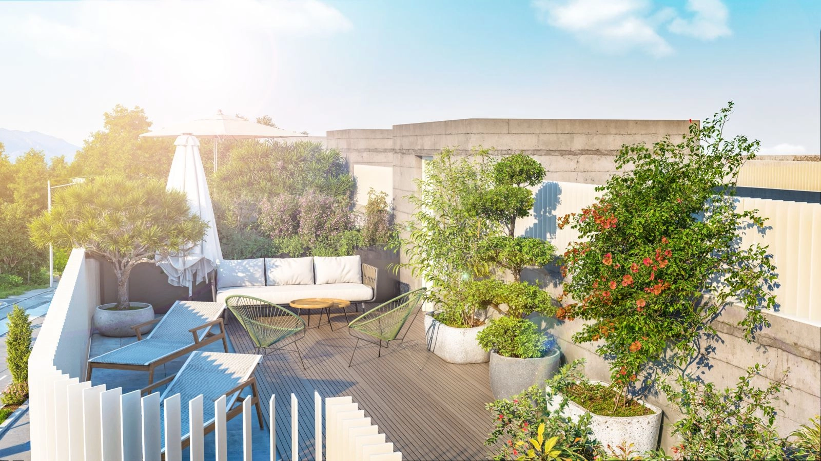 Et privat taksolarium, en eksklusiv funksjon for penthouse-leilighetene, for ultimat utendørsliv.