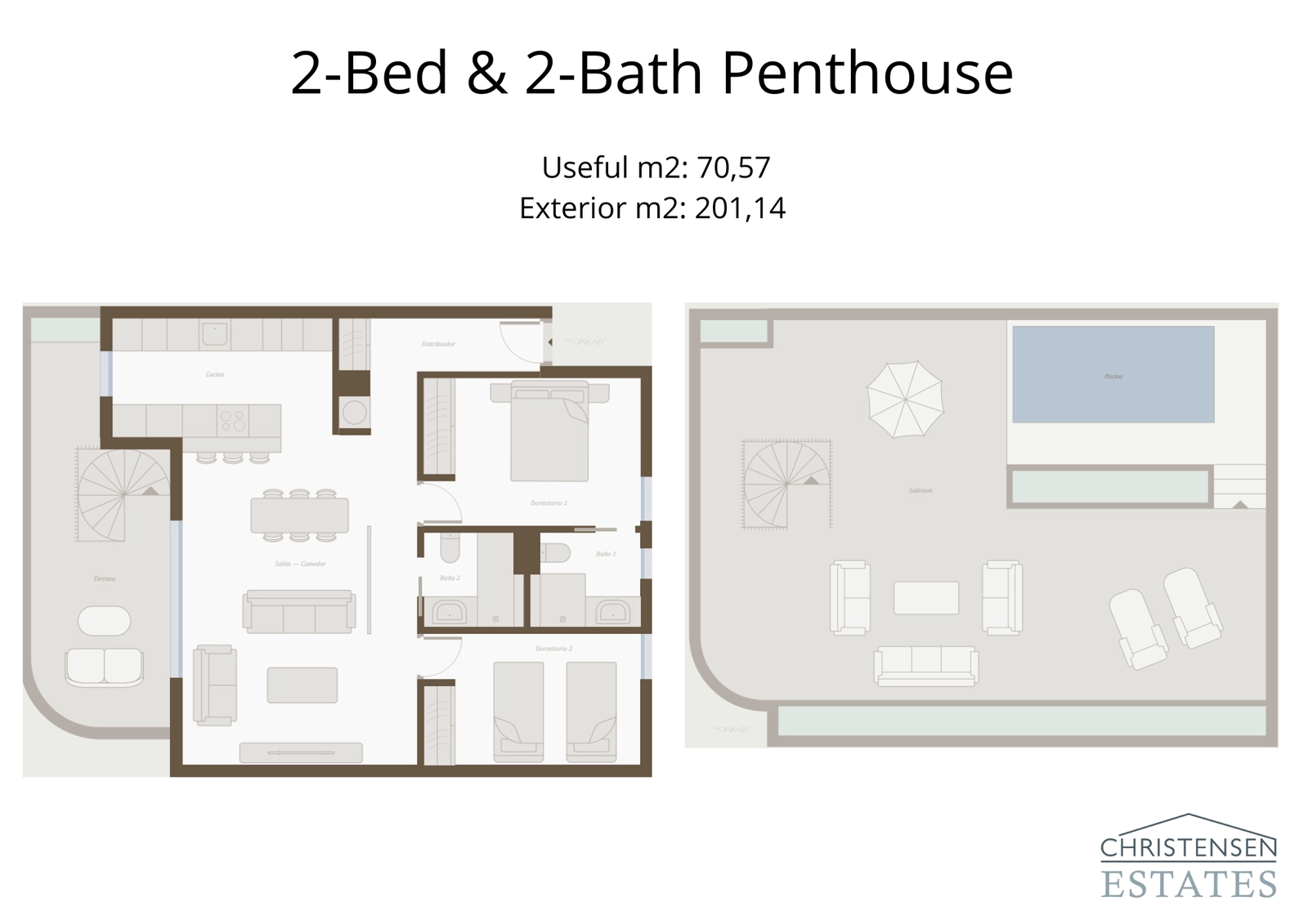 Plantegningen for den to-roms penthouse-leiligheten inkluderer et fantastisk taksolarium med privat svømmebasseng, som tilbyr en eksklusiv livsstil.