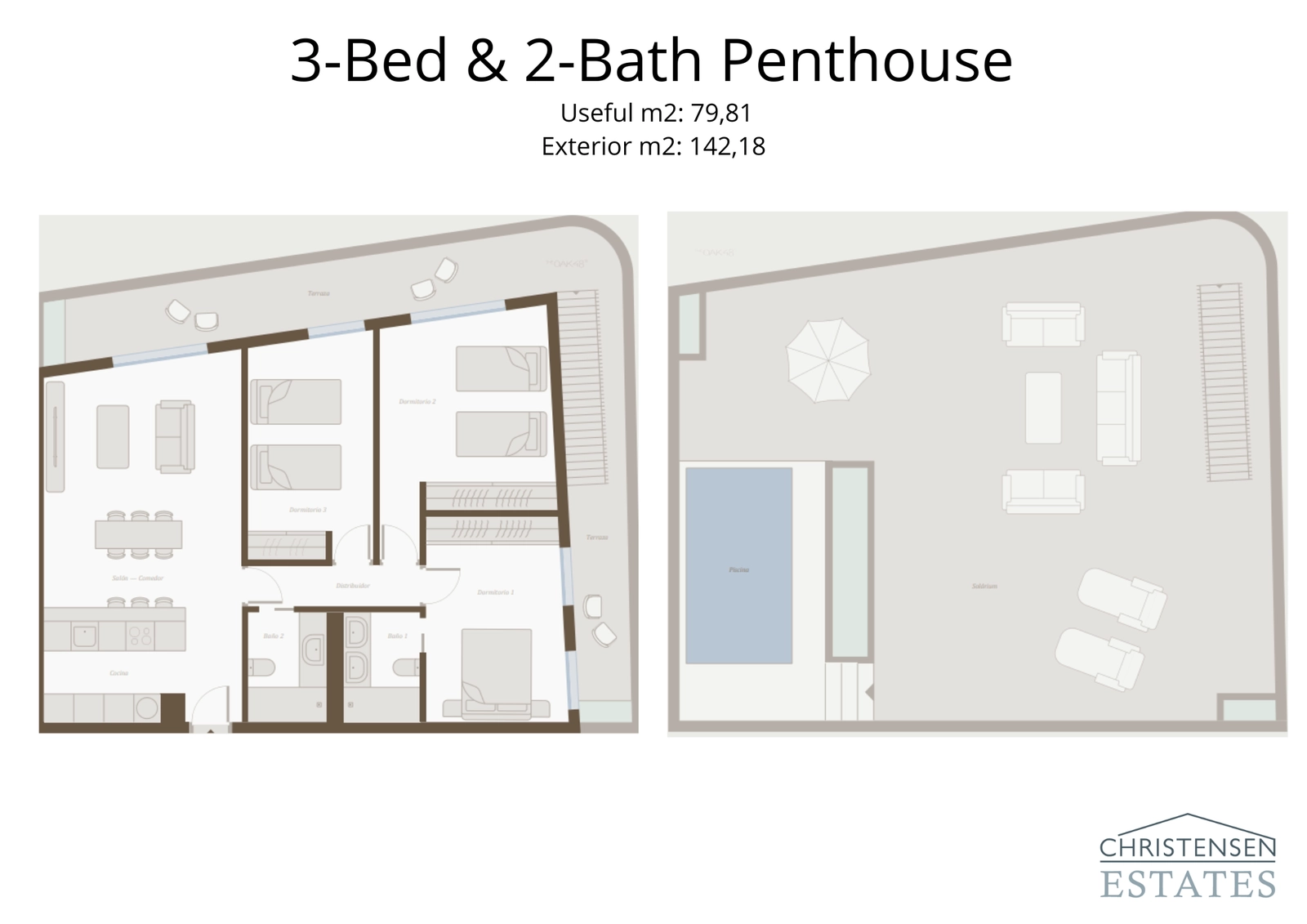 Denne romslige planløsningen for en tre-roms penthouse-leilighet har et stort privat taksolarium og svømmebasseng, som skaper en eksepsjonell boopplevelse.
