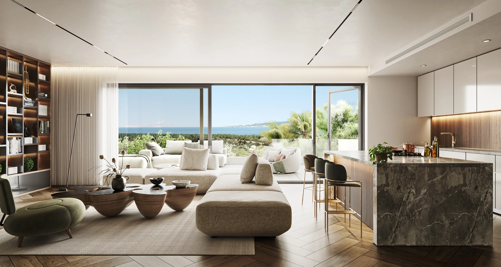 En flyfoto som viser utviklingens privilegerte beliggenhet, innlemmet mellom grønne golfbaner og det blå havet.