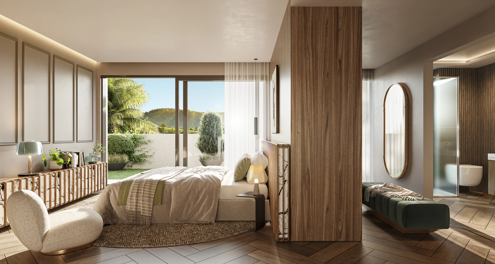 Lyse og romslige oppholdsrom er designet med elegante detaljer og store vinduer som rammer inn den fantastiske havutsikten.