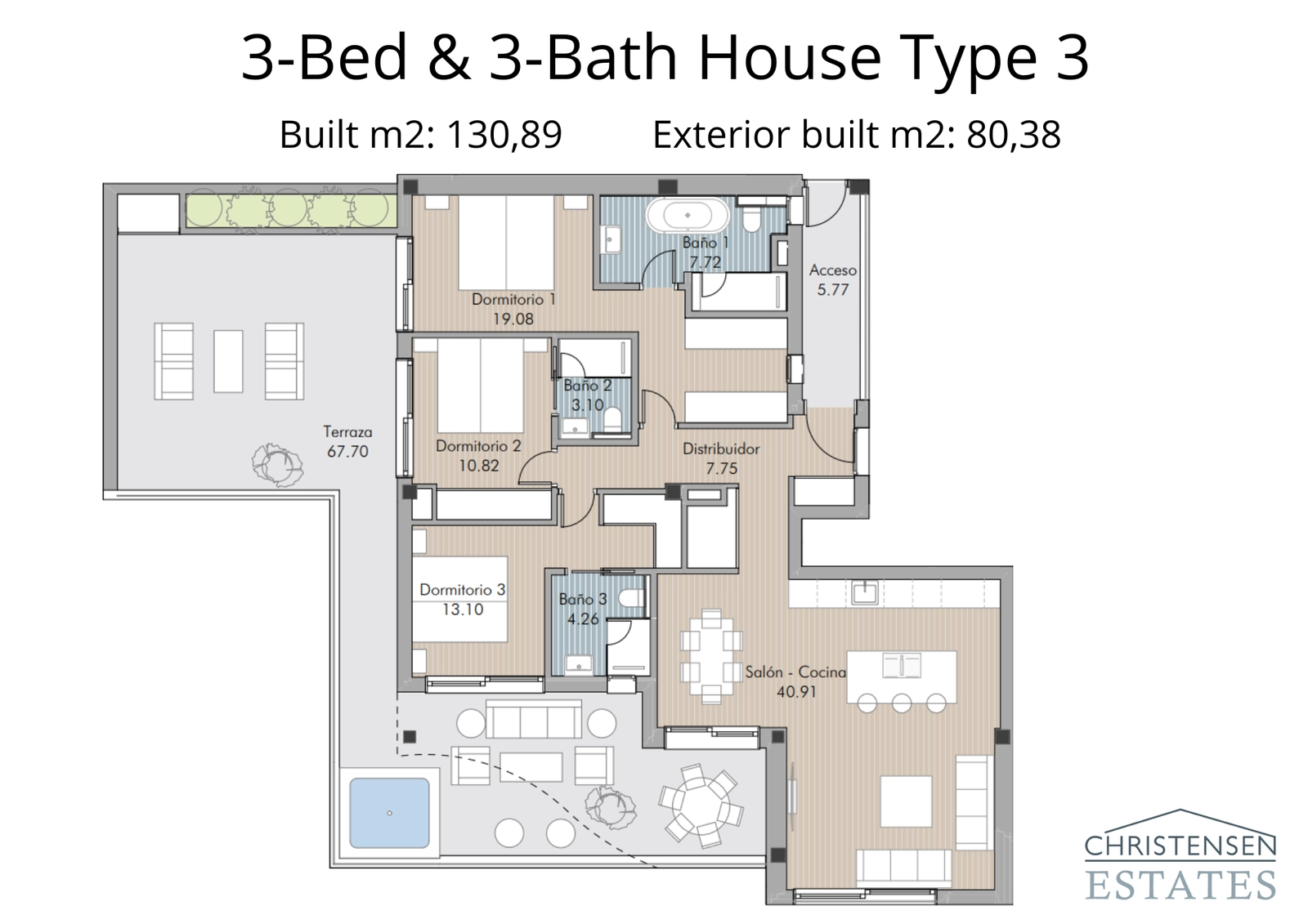 En romslig tre-roms leilighetsplanløsning, som viser sjenerøse oppholdsrom og en stor terrasse for å nyte klimaet.
