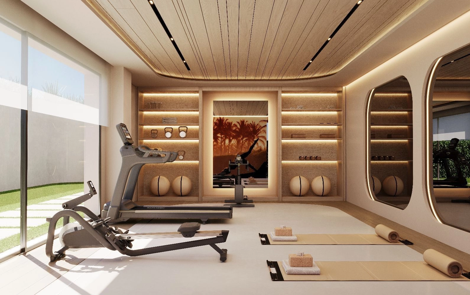 Det toppmoderne, fullt utstyrte treningsstudioet muliggjør en komplett treningsøkt i et vakkert designet rom.