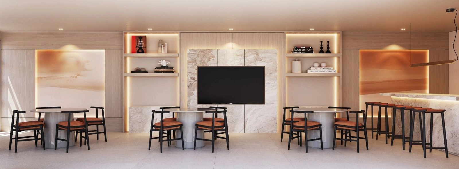 Den stilige gourmetklubben tilbyr et sofistikert sosialt knutepunkt for beboere og deres gjester å samles og slappe av.