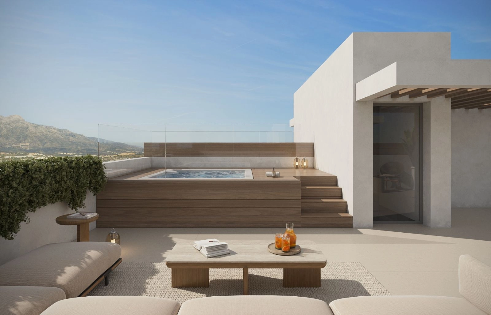 Ditt private taksolarium, et ideelt sted for avslapning i boblebadet med utsikt over fjellene.