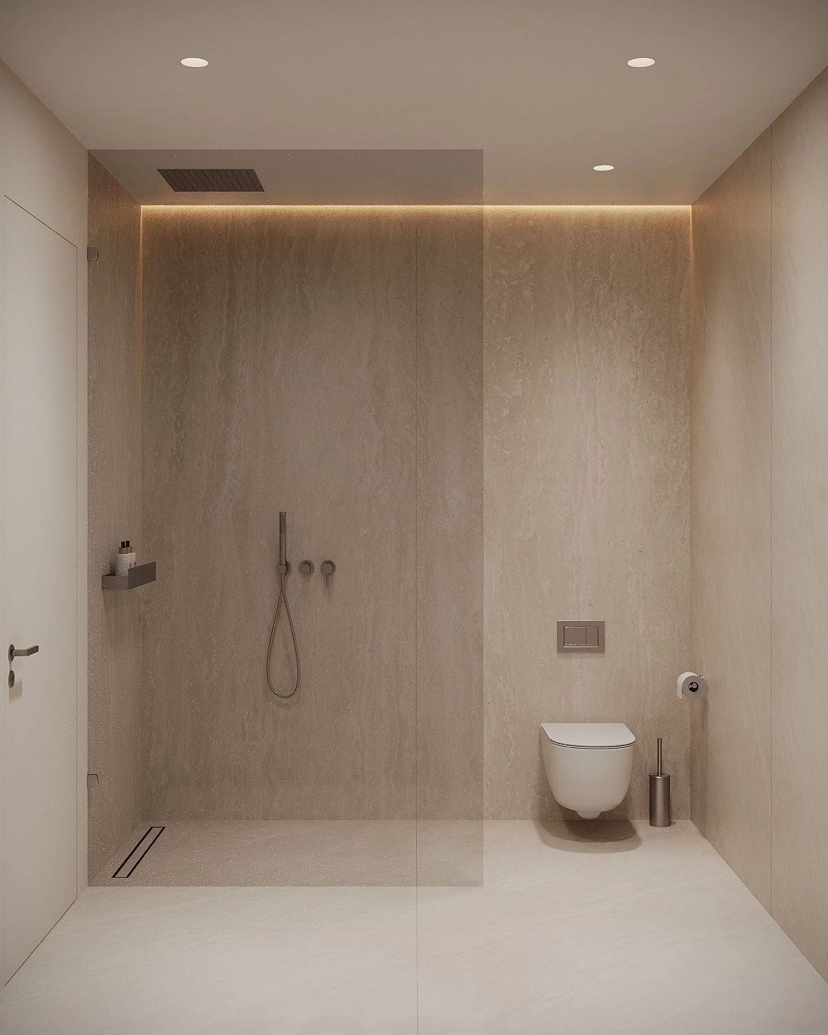 Et plettfritt bad komplett med en walk-in dusj og minimalistiske, høykvalitetsarmaturer.