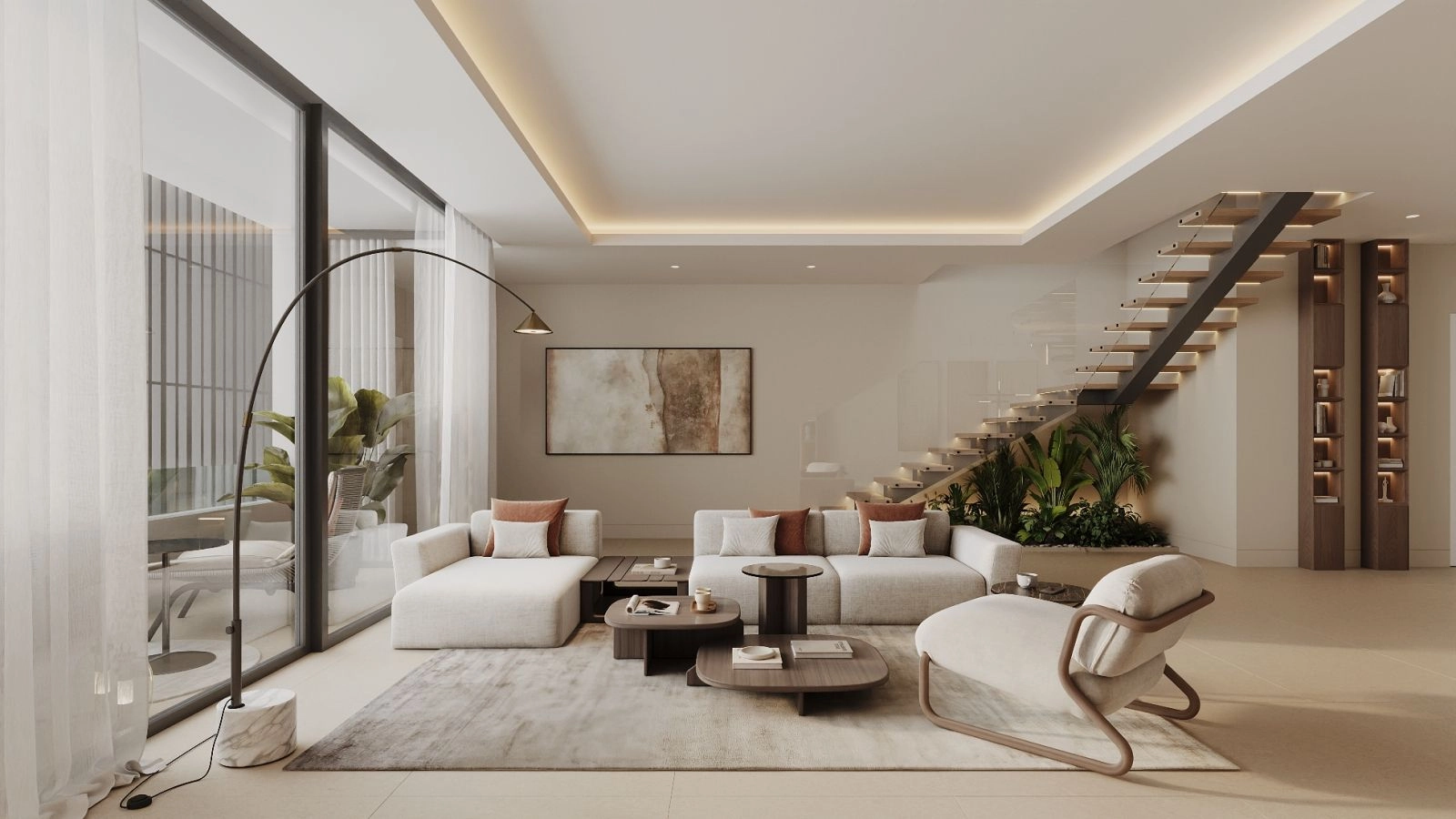 Lyse og åpne oppholdsrom fylt med naturlig lys, med et moderne, elegant design.