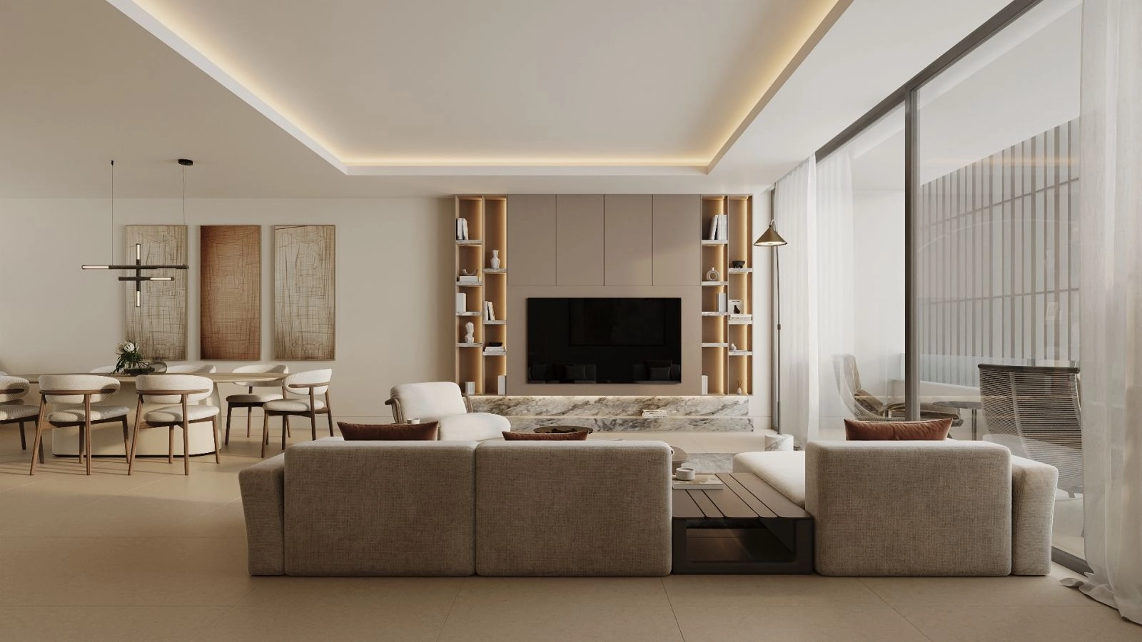 Et romslig stue- og spisestueområde perfekt for å underholde gjester eller nyte rolig familietid.