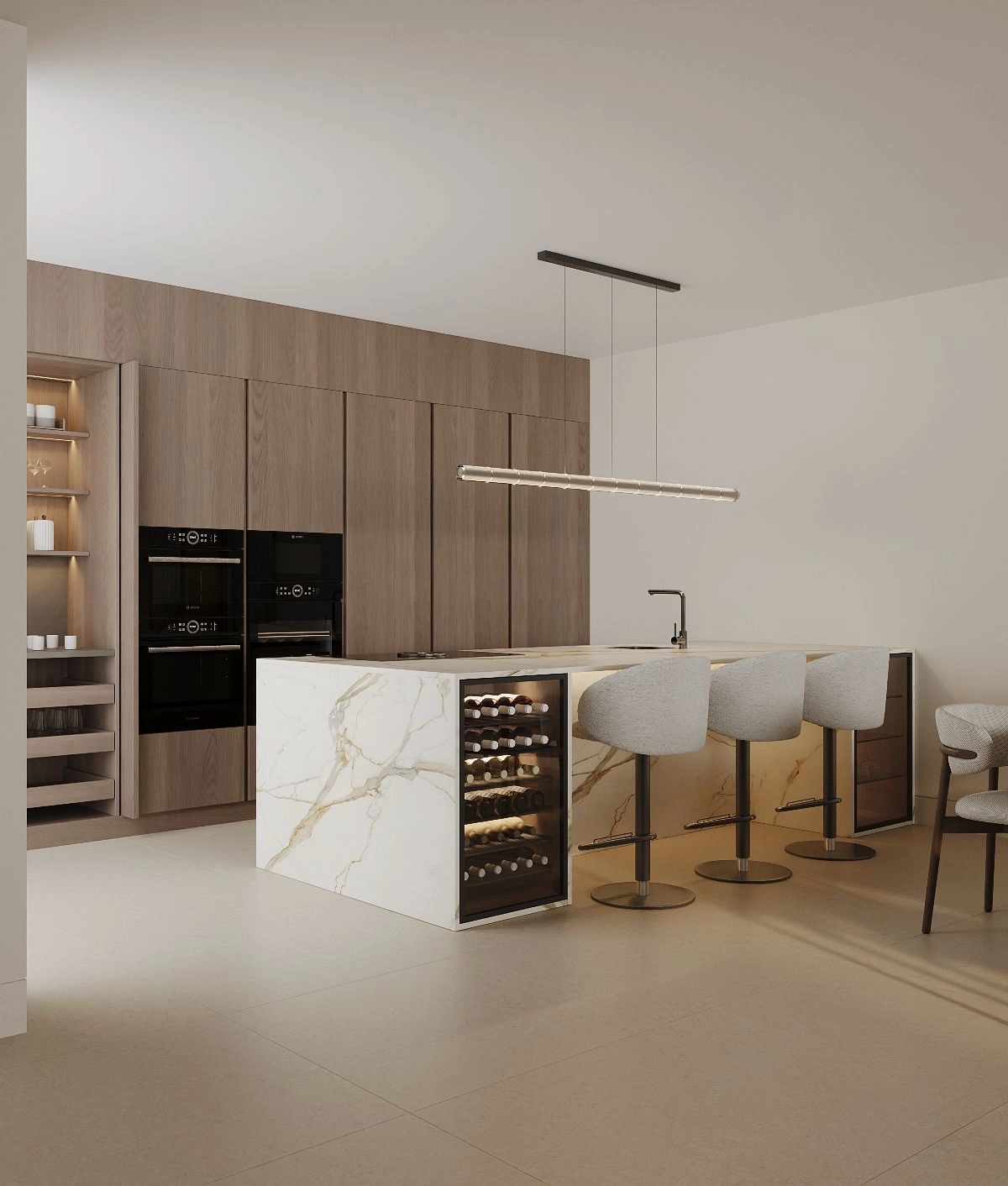 Gourmetkjøkkenet er utstyrt med high-end hvitevarer og en vakker marmorøy med vinkjøler.