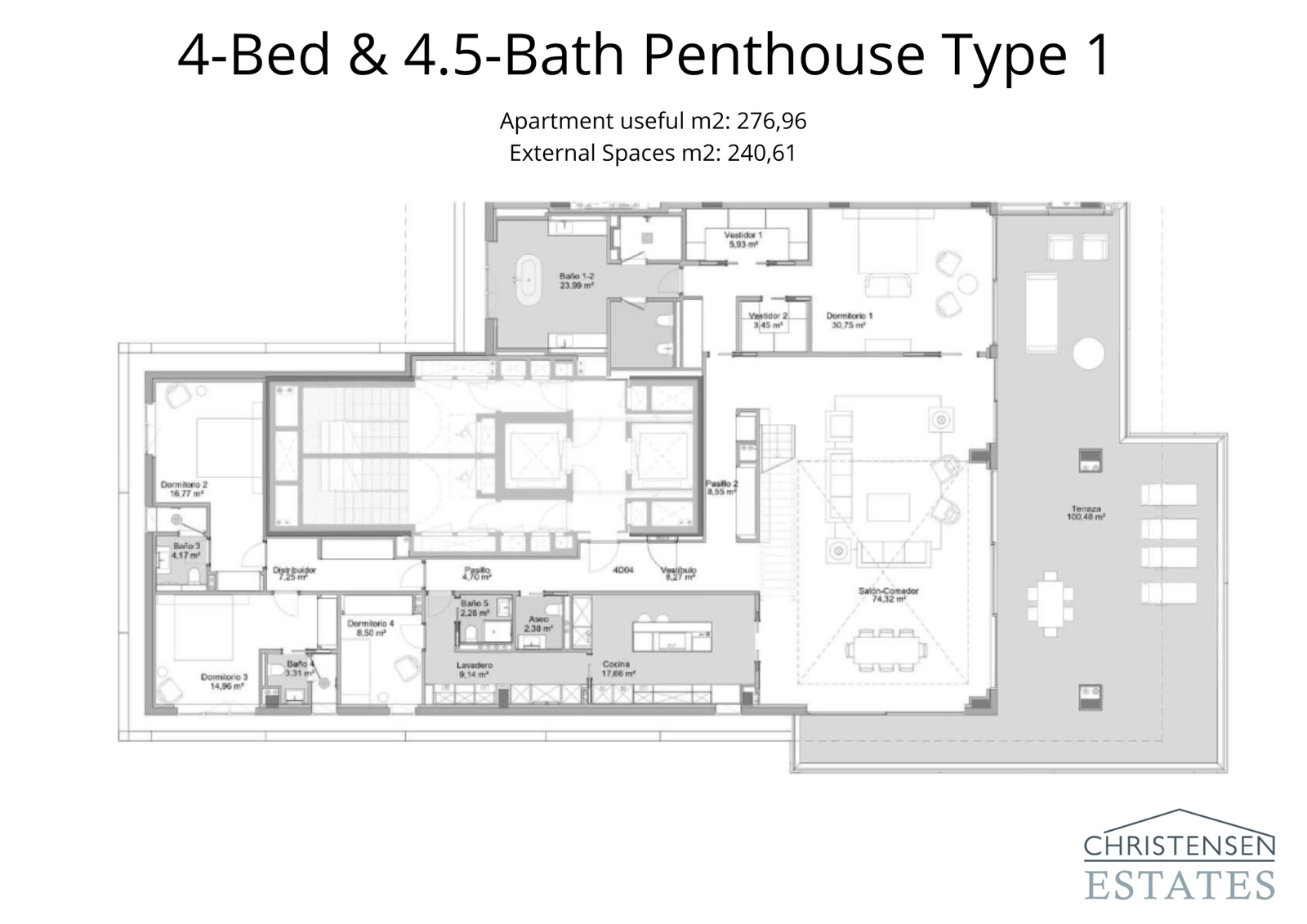 Denne romslige toppleiligheten med fire soverom er designet for luksuriøs livsstil, med et ekspansivt hovedoppholdsrom som leder ut til en praktfull 153 m² stor terrasse, og tilbyr eksepsjonell havutsikt.