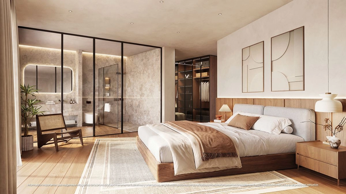 Det rolige hovedsoverommet tilbyr et fredelig tilfluktssted, med rolige, nøytrale toner og et romslig, moderne design.