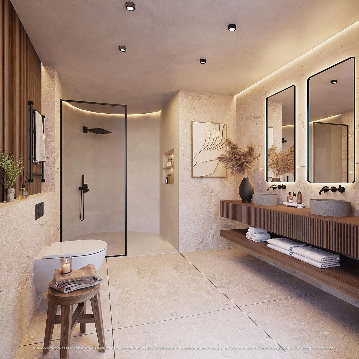 Et vakkert designet bad med naturlige materialer av høy kvalitet, som skaper en spa-lignende atmosfære for daglig avslapning.