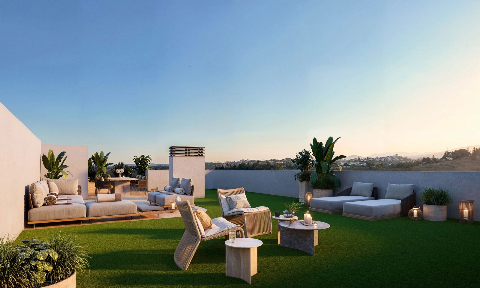 Takleilighetens solarium tilbyr en ekspansiv privat plass for avslapning og underholdning under solen.