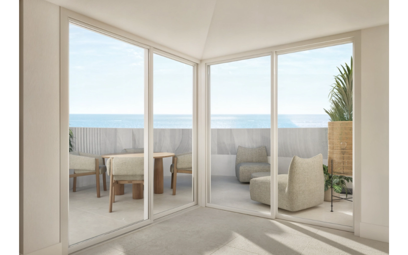 En rolig hjørneterrasse som tilbyr fredfull utsikt over Middelhavet.