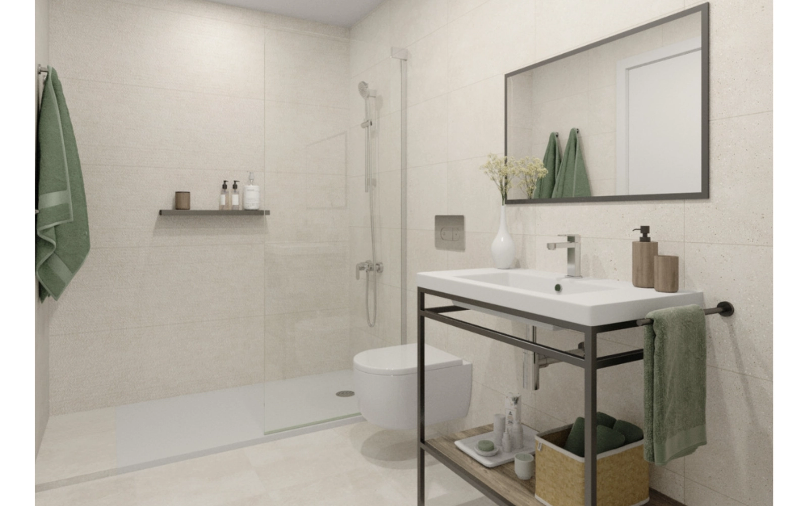 Moderne baddesign med elegante armaturer og rene linjer for en spa-lignende følelse.