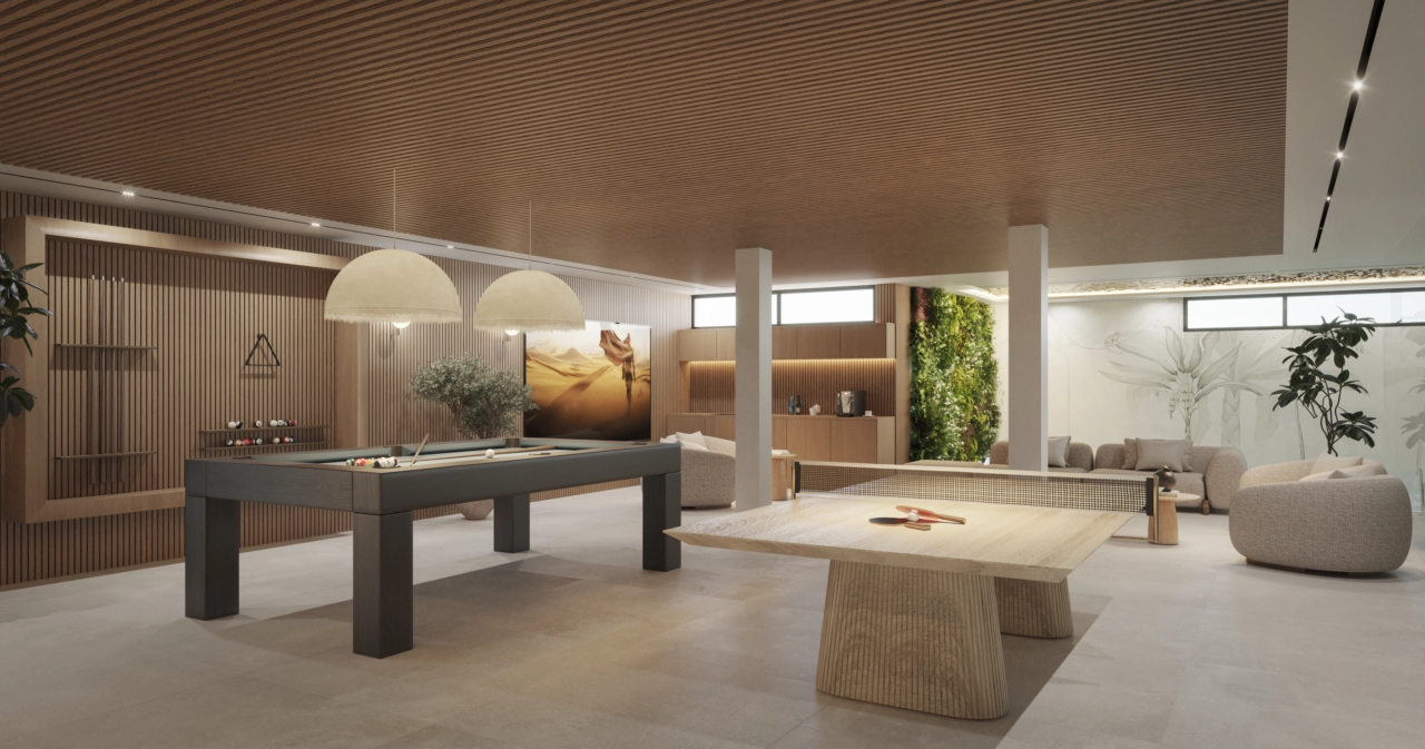 Sosial salong tilbyr et perfekt sted for beboere å slappe av og være sosiale.