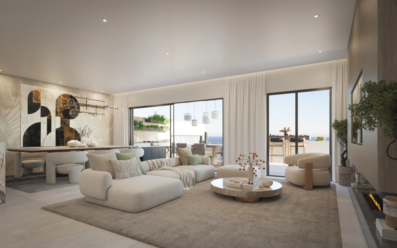 Den lyse, åpen løsning-stuen forbindes sømløst med det romslige uteområdet.