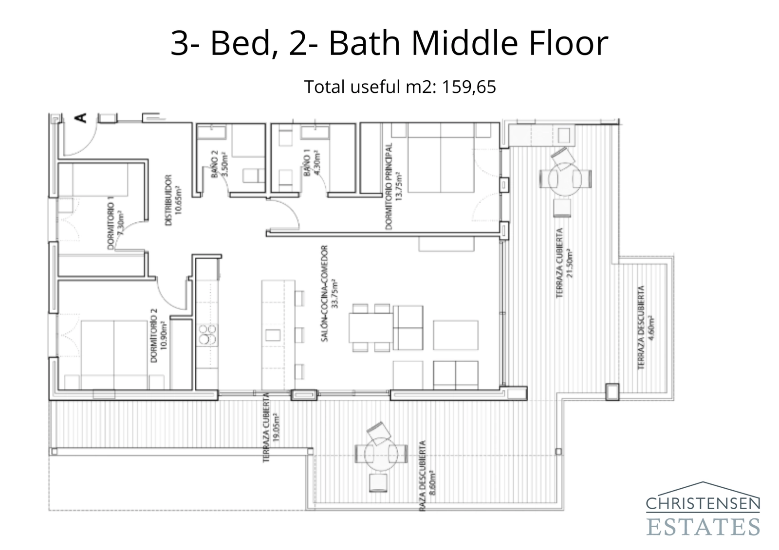 En veldesignet plantegning for mellometasjen med tre soverom, med romslige terrasser som utvider boarealet utover, perfekt for å omfavne middelhavsklimaet.