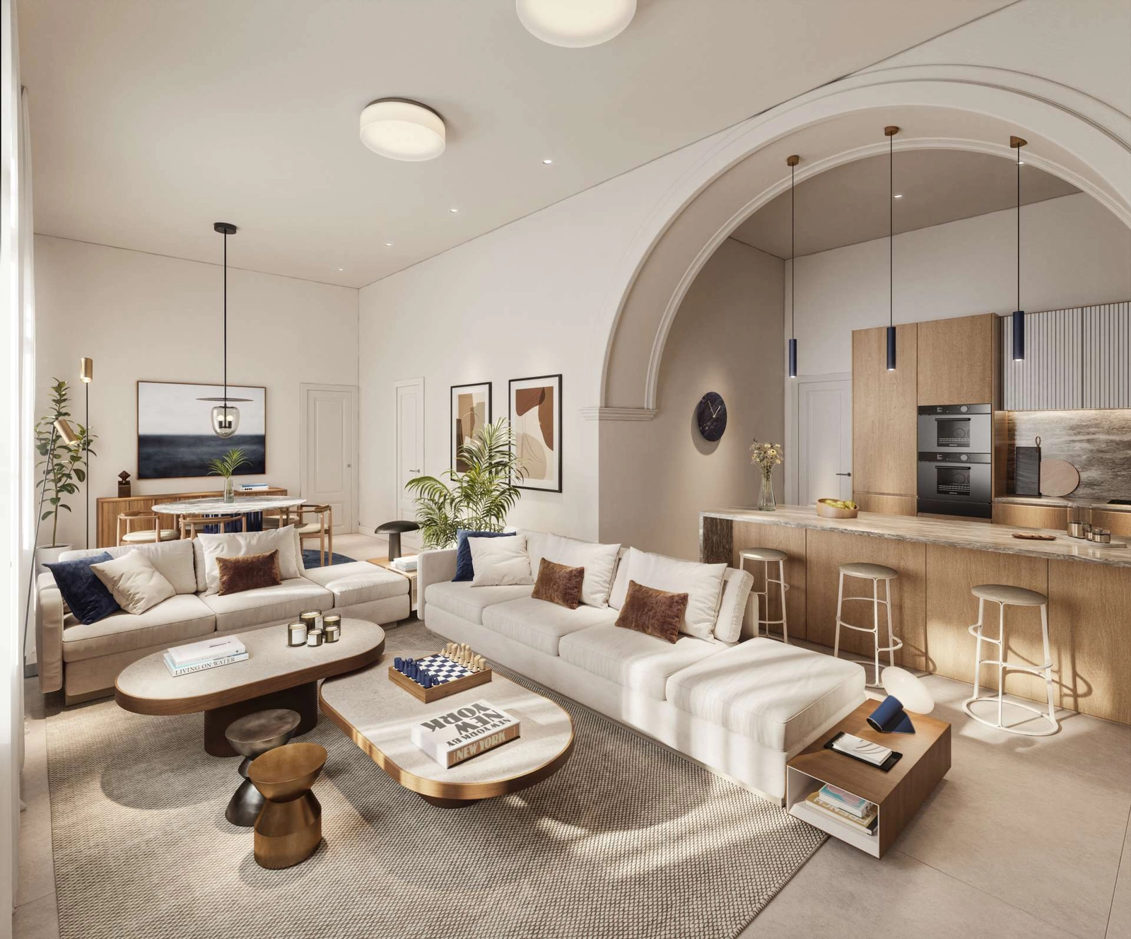 Romslige, åpne oppholdsrom er designet for komfort, og kombinerer moderne design med klassiske arkitektoniske detaljer.