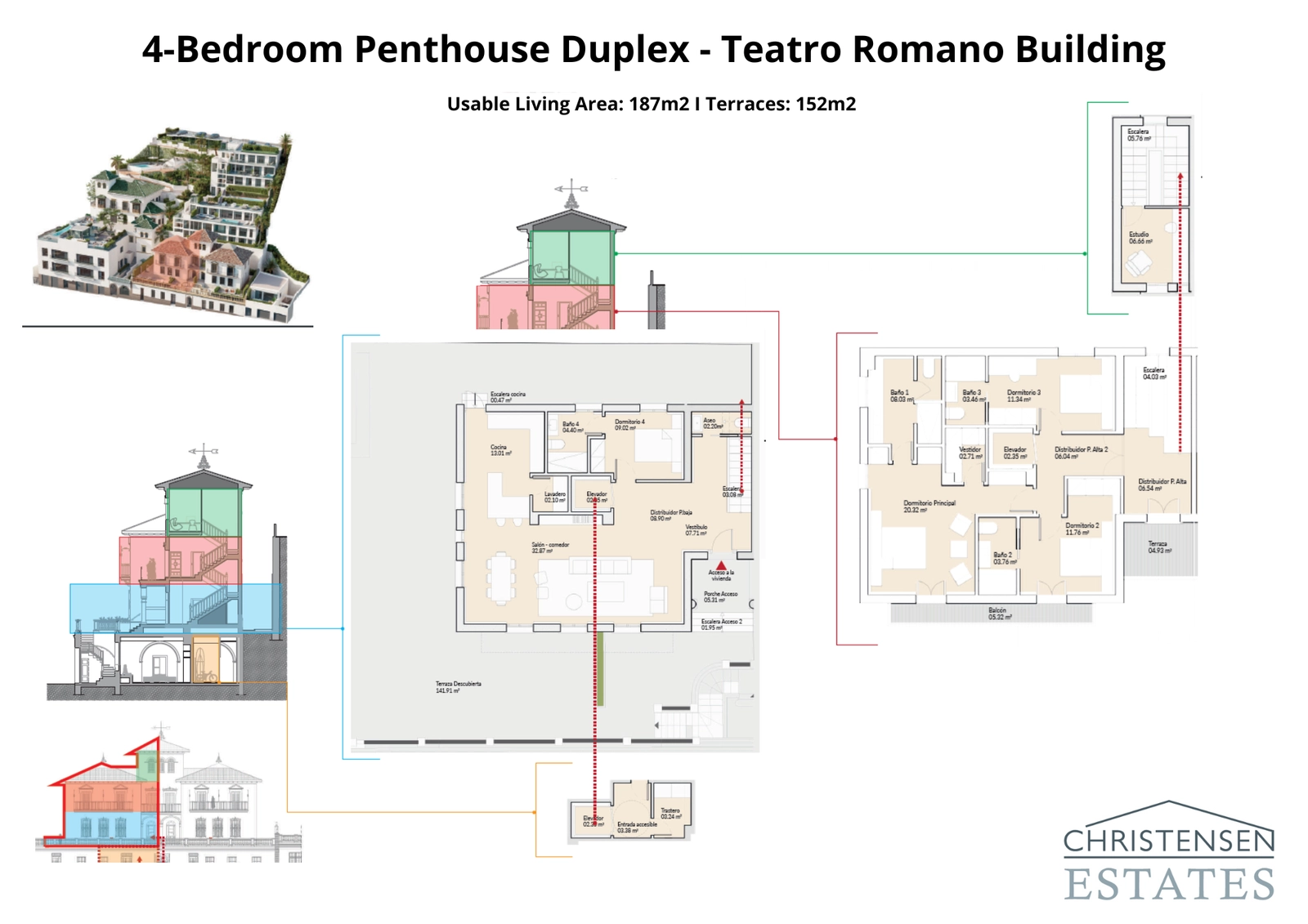Duplex-penthouseleiligheten med fire soverom i Teatro Romano-bygningen tilbyr romslig boareal over to etasjer med sjenerøse terrasser for en eksepsjonell livsstil.