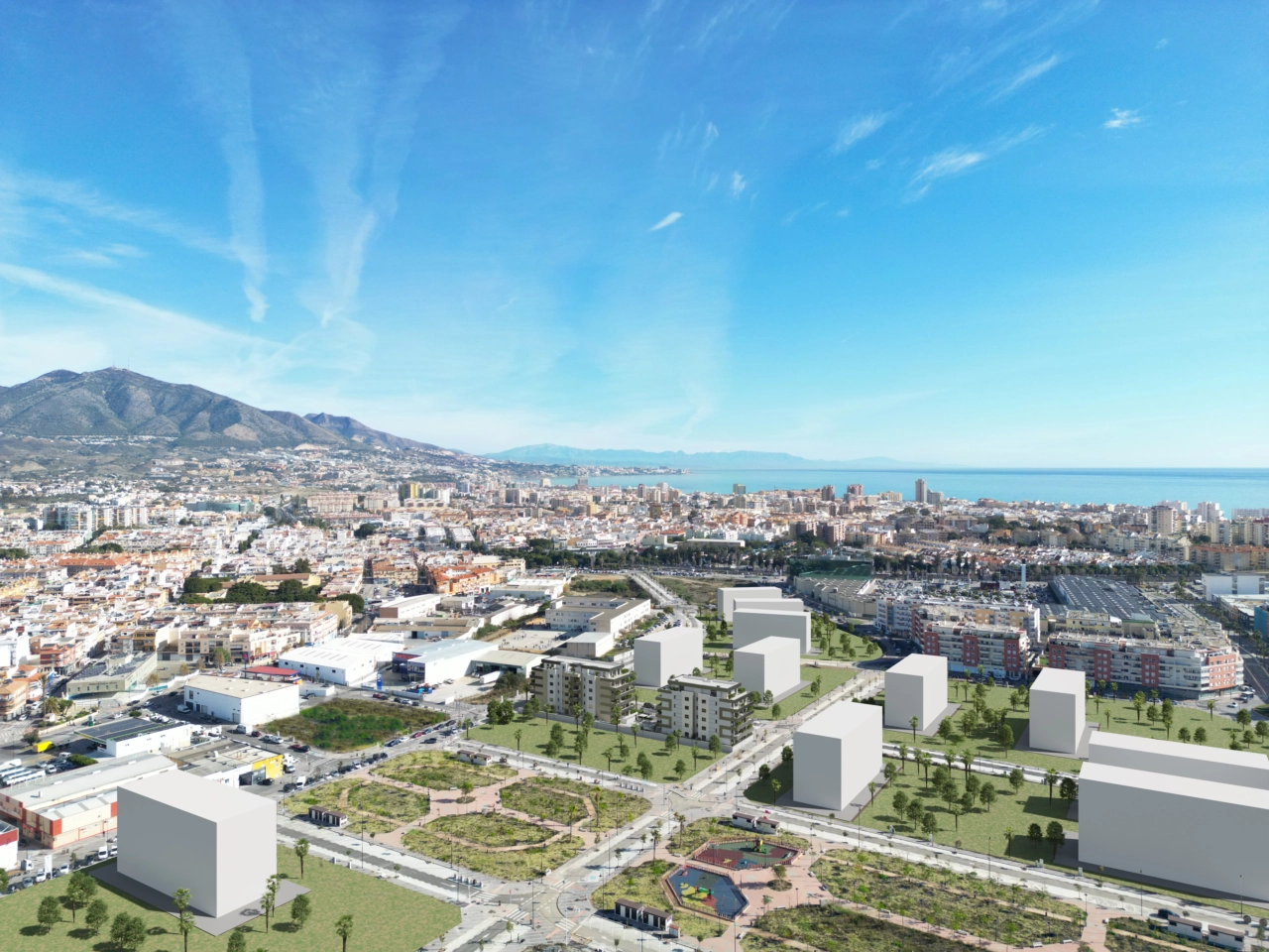 En flyfoto av utbyggingen, som viser dens førsteklasses beliggenhet nær sjøen i Fuengirola.