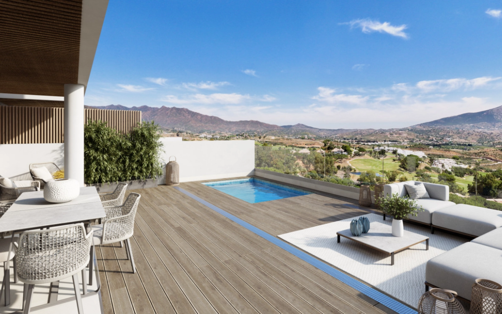 En imponerende privat takterrasse med basseng, som tilbyr panoramautsikt over Mijas-fjellene og golfbanen.