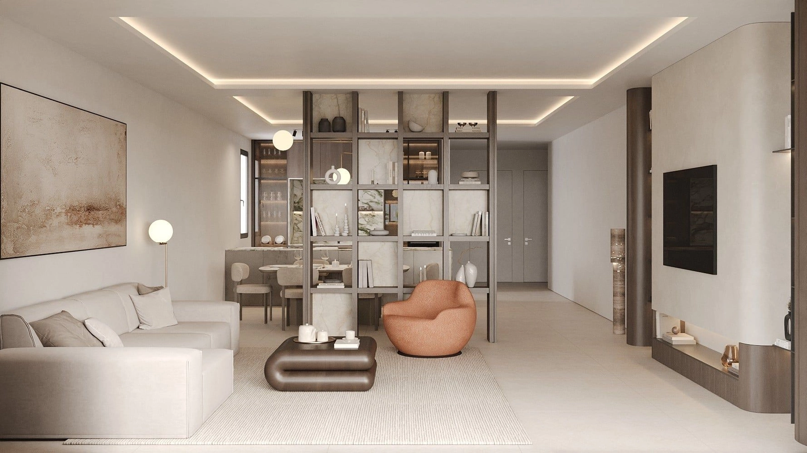 Lyse og sofistikerte oppholdsrom designet for komfort og moderne eleganse.