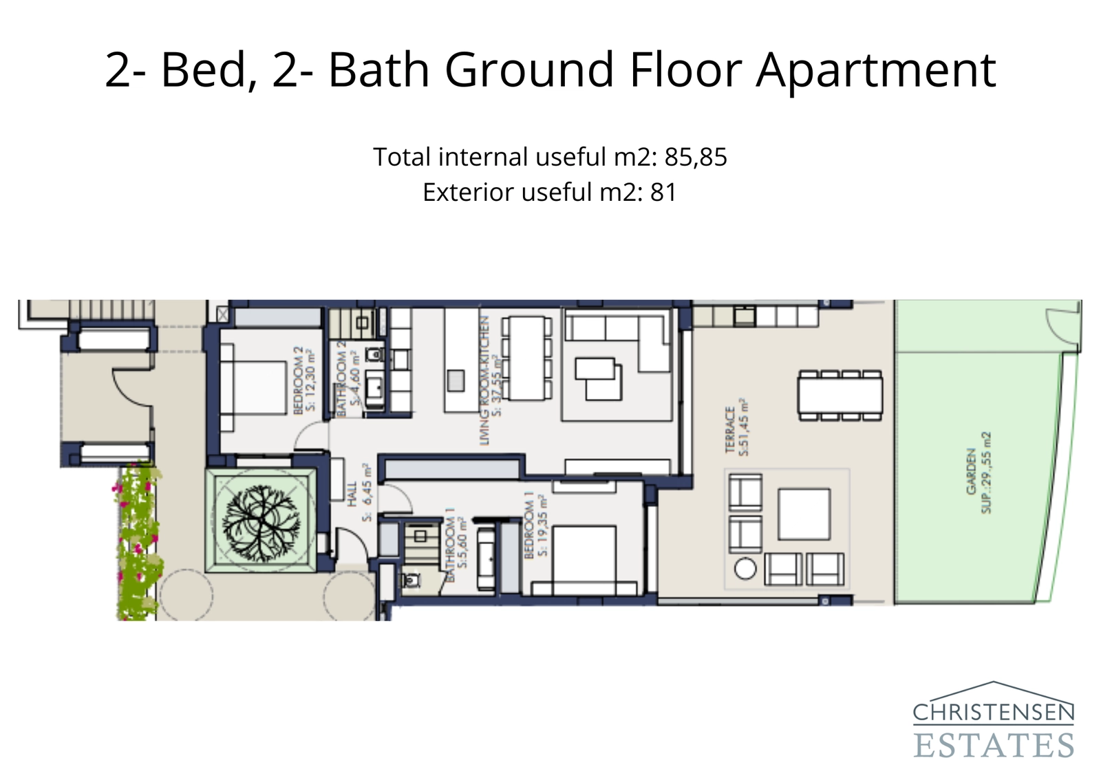 En gjennomtenkt utformet to-roms leilighet i første etasje, med en sømløs overgang til en stor terrasse og privat hage.
