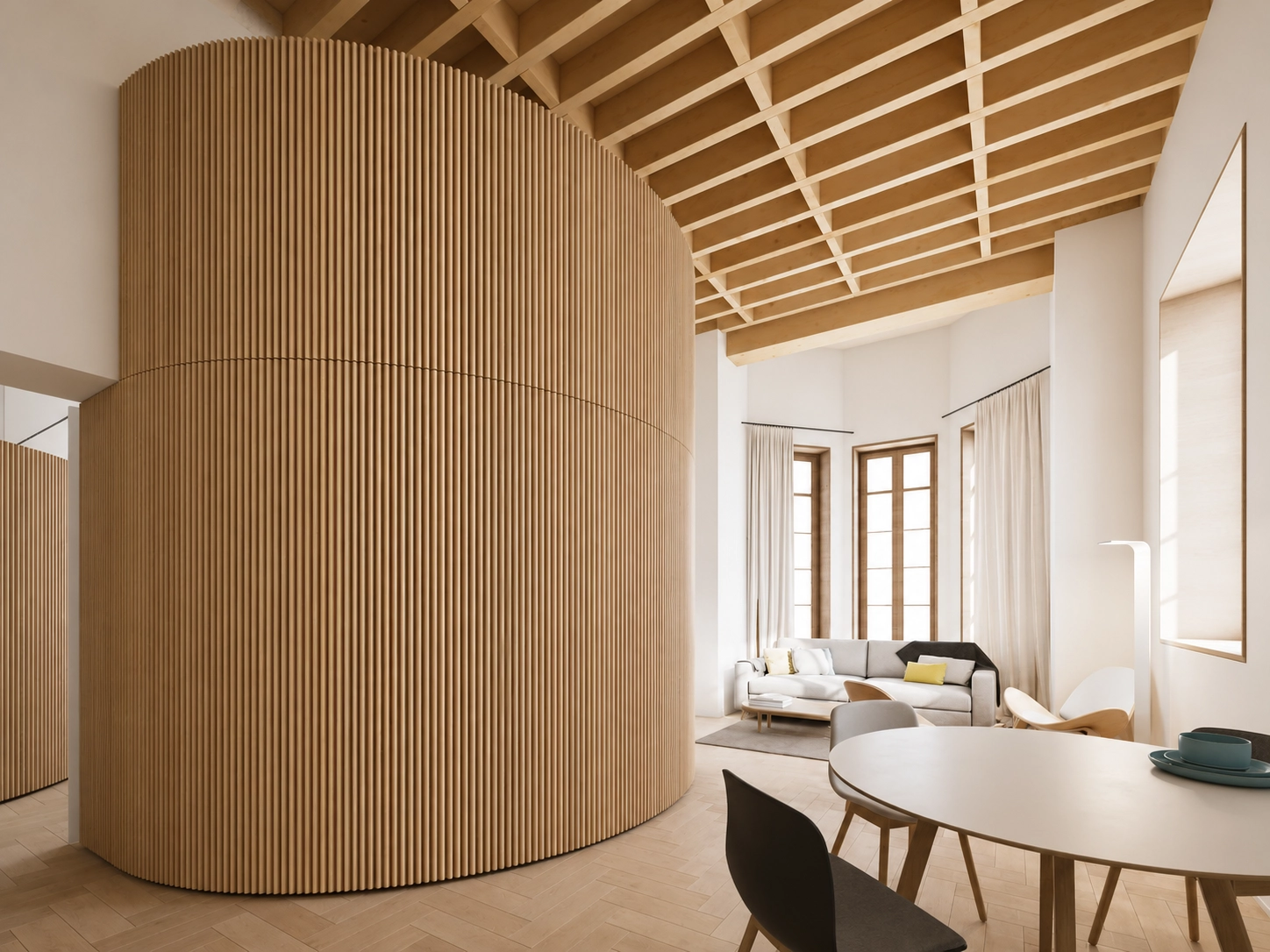 De åpne spisestue- og stueområdene er designet for moderne livsstil, med unike arkitektoniske detaljer.