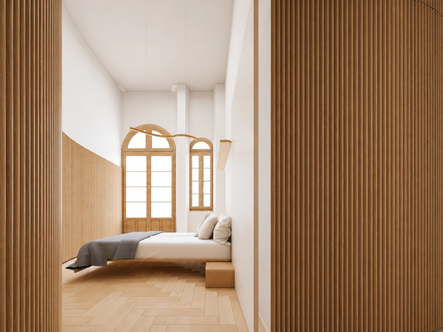 Soverommene er designet som fredelige tilfluktssteder, med naturlige tregulv og en minimalistisk stil.