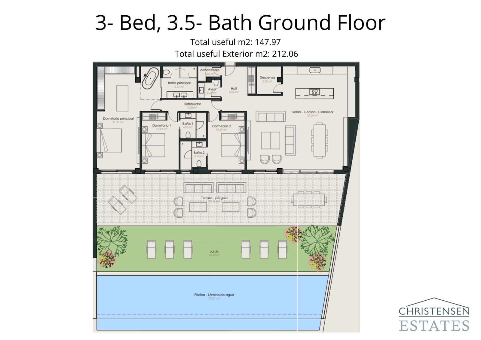 Denne boligen med tre soverom i første etasje forbinder romslige interiører med en sjenerøs terrasse, privat hage og svømmebasseng.