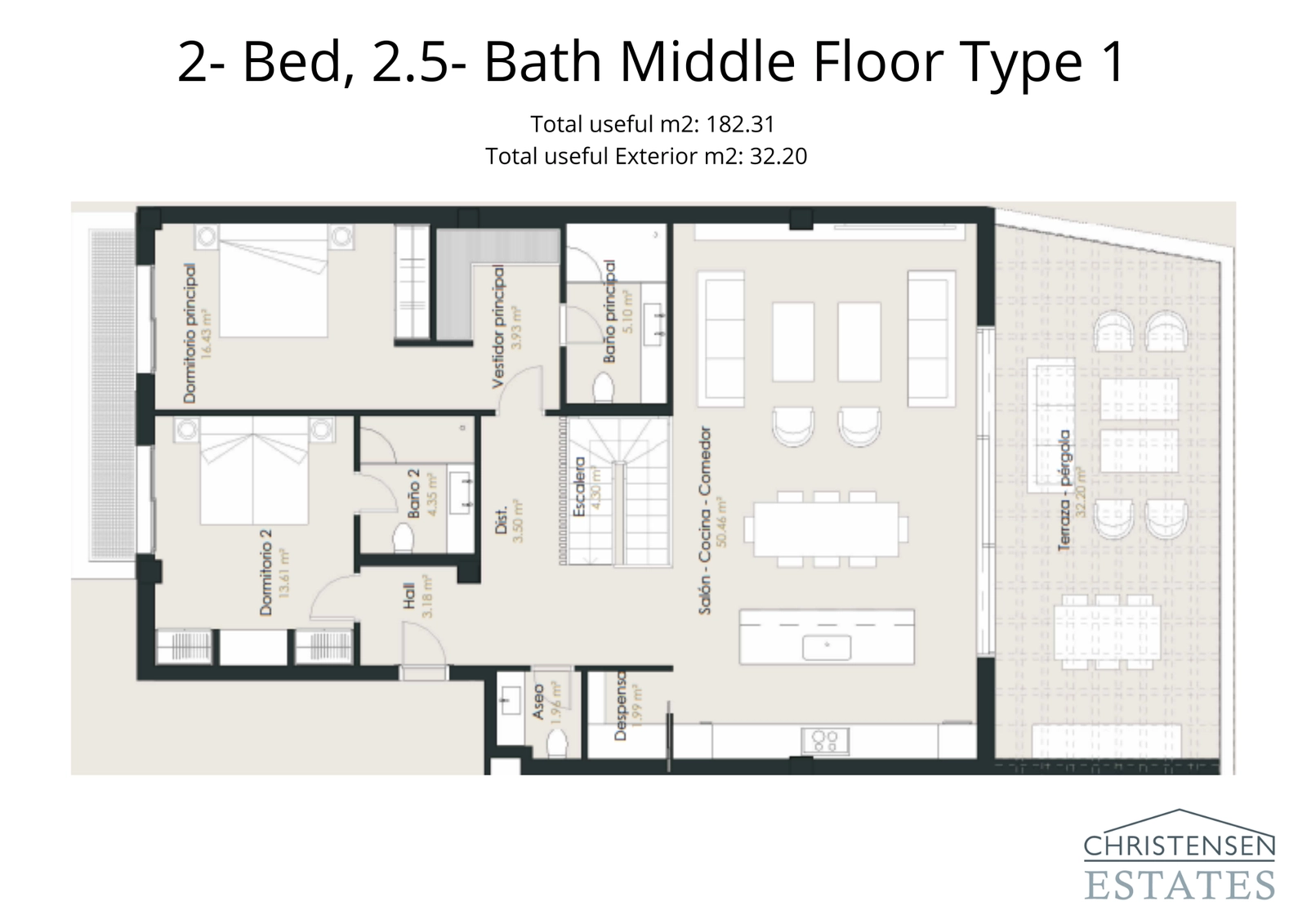 Denne leilighetsplanløsningen med to soverom tilbyr et sjenerøst åpent oppholdsrom som flyter ut på en romslig terrasse, perfekt for underholdning.