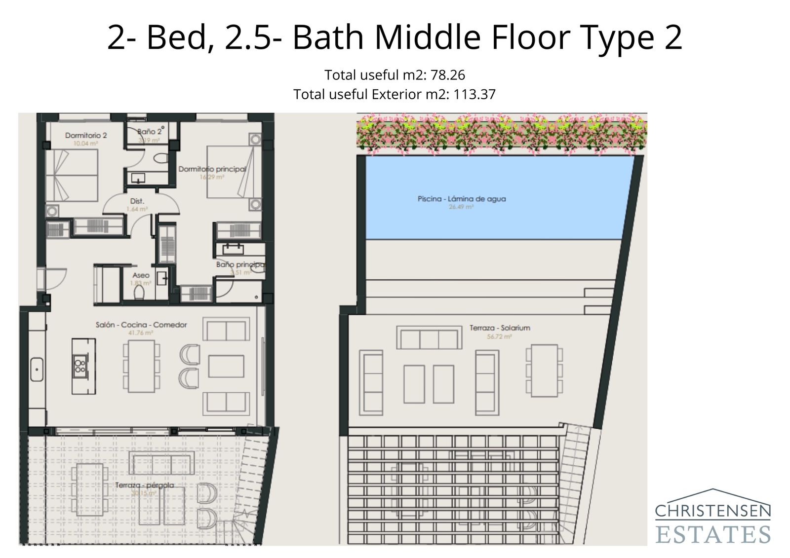En gjennomtenkt designet bolig med to soverom som har en ekspansiv takterrasse med solarium og privat basseng for den ultimate avslapning.