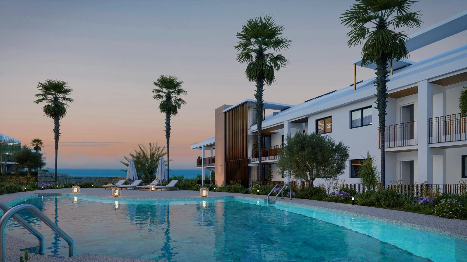 Felles svømmebassengområde i skumringen, et perfekt sted å slappe av og nyte solnedgangen.