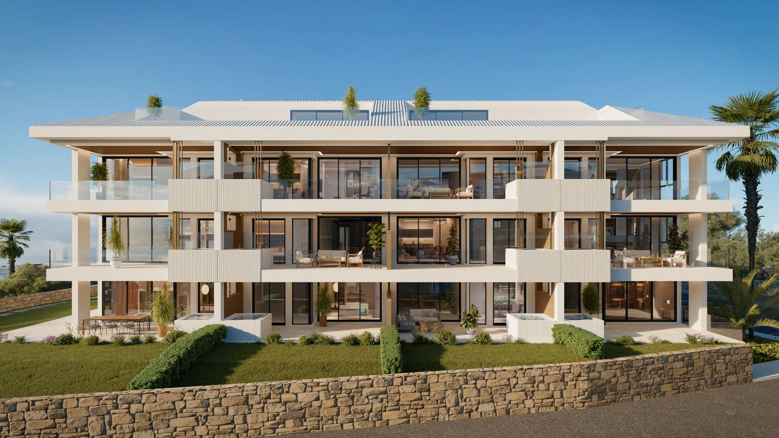 Utviklingens moderne arkitektur, designet for å maksimere utsikt og naturlig lys.