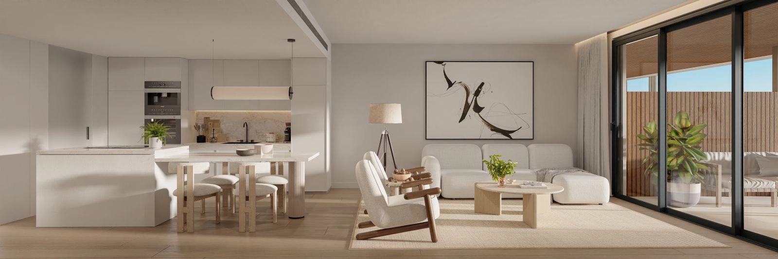 Et fullt utstyrt, moderne kjøkken med hvitevarer av høy kvalitet og elegant design.