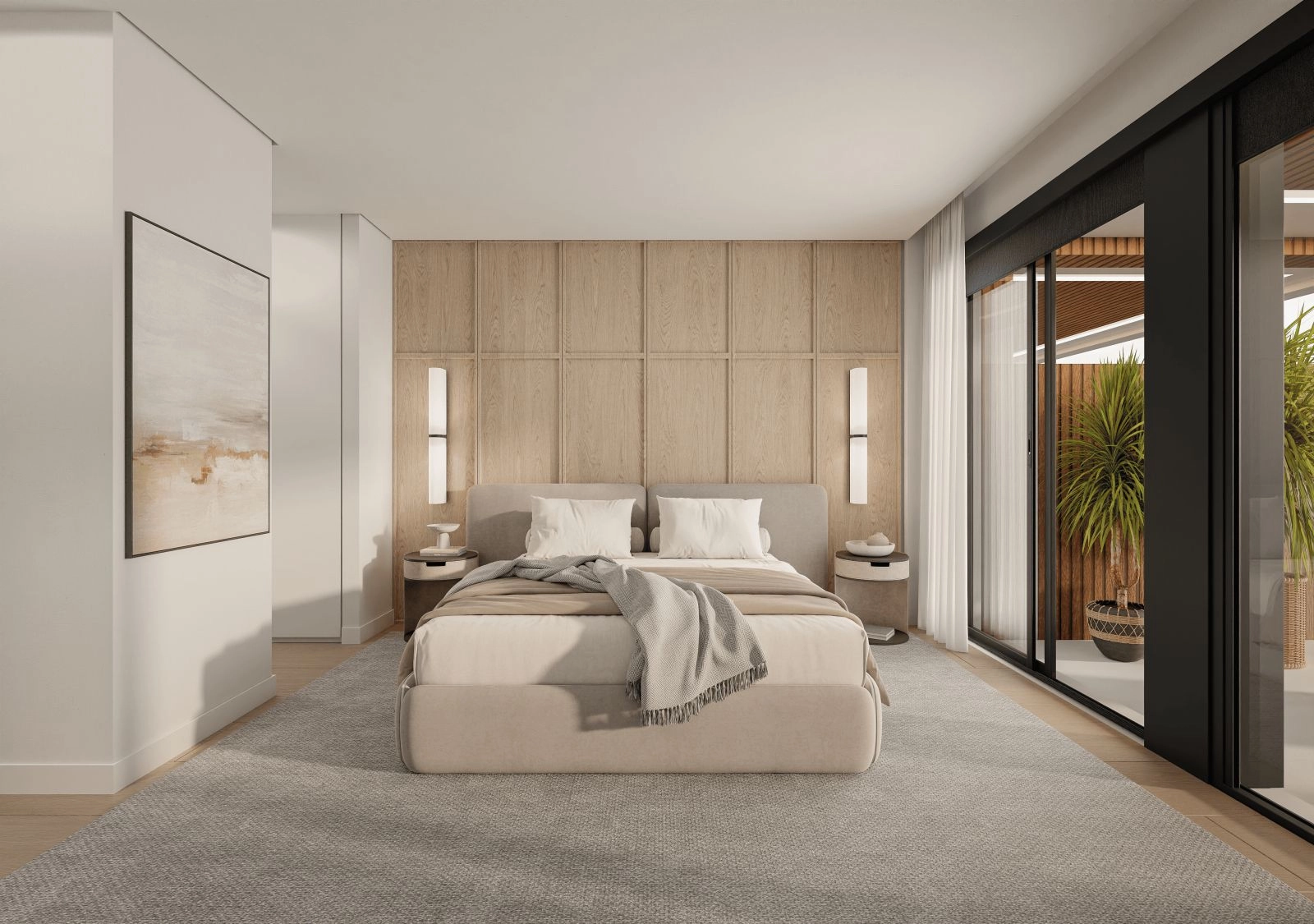 Den rolige master-suiten gir direkte tilgang til utendørsterrassen og utsikten.