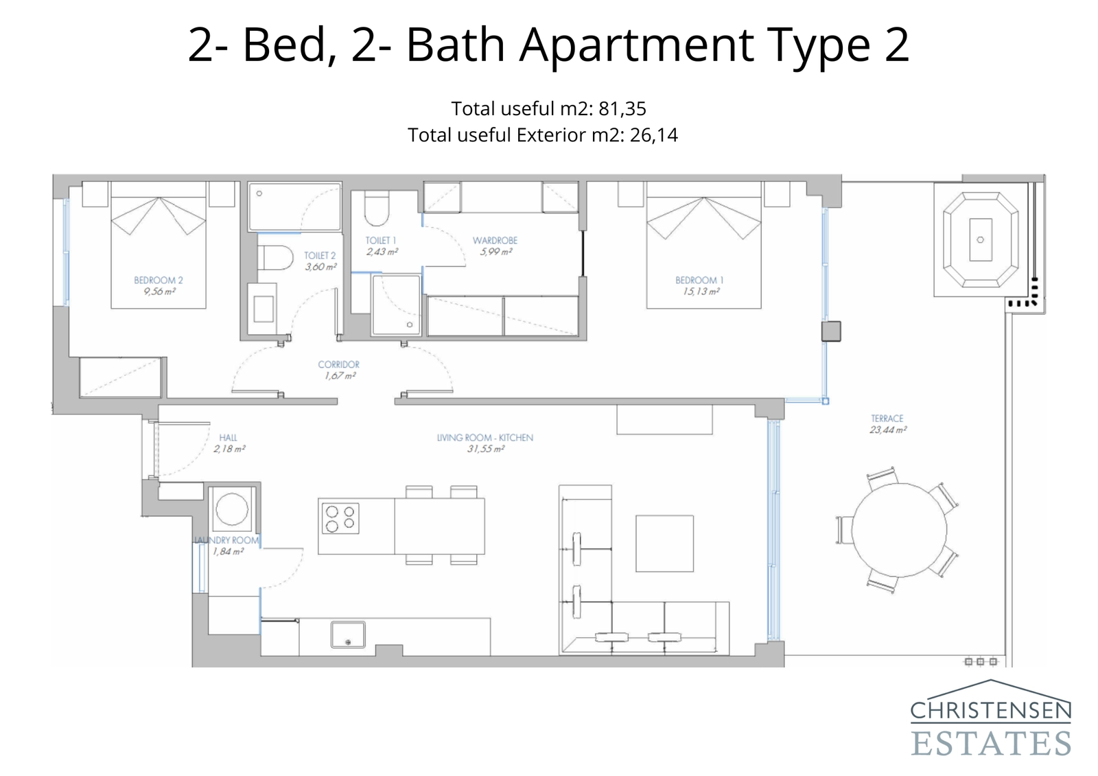 En alternativ toromsleilighetsdesign, som viser effektiv bruk av plass og en privat terrasse for å nyte utsikten.