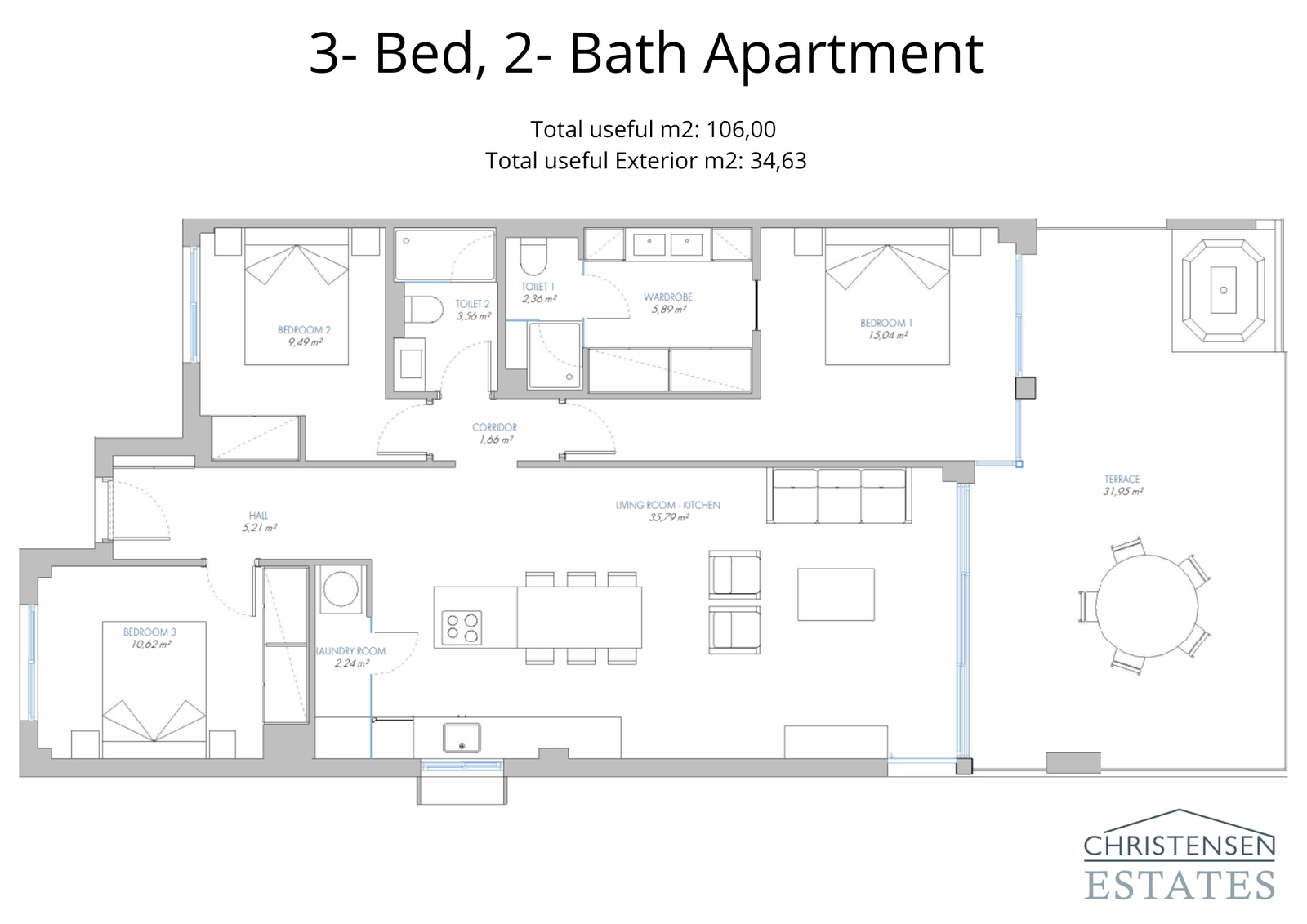 Generøs treromsplanløsning designet for familieliv, med sømløs flyt mellom oppholdsrom og uteområder.