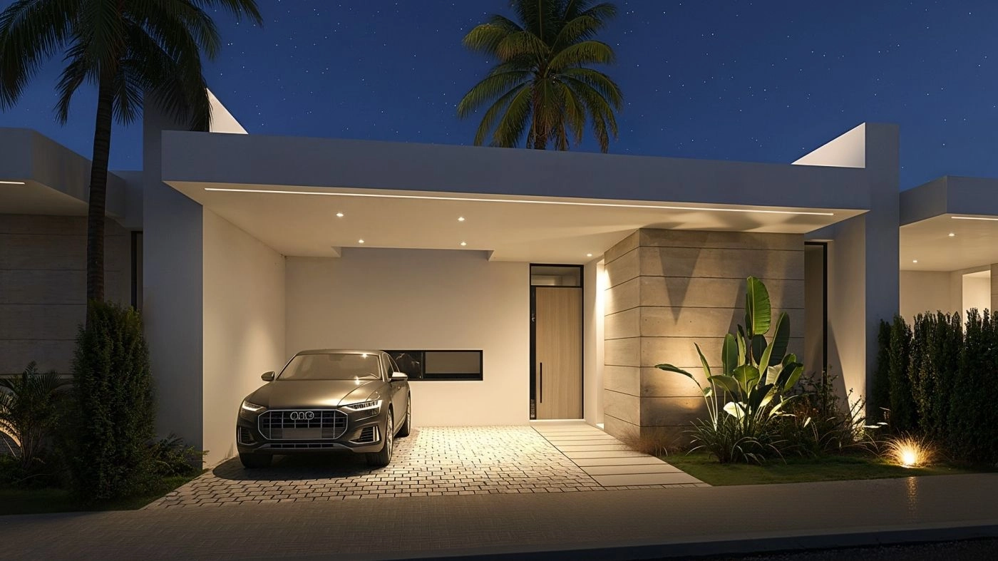 En sofistikert inngang om natten, med nøye designet belysning som skaper en varm og imponerende velkomst.