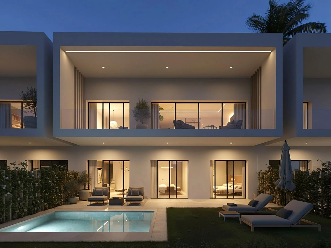 Villaens eksteriør om natten, som fremhever de rene linjene i arkitekturen og det innbydende lyset fra det private bassenget.