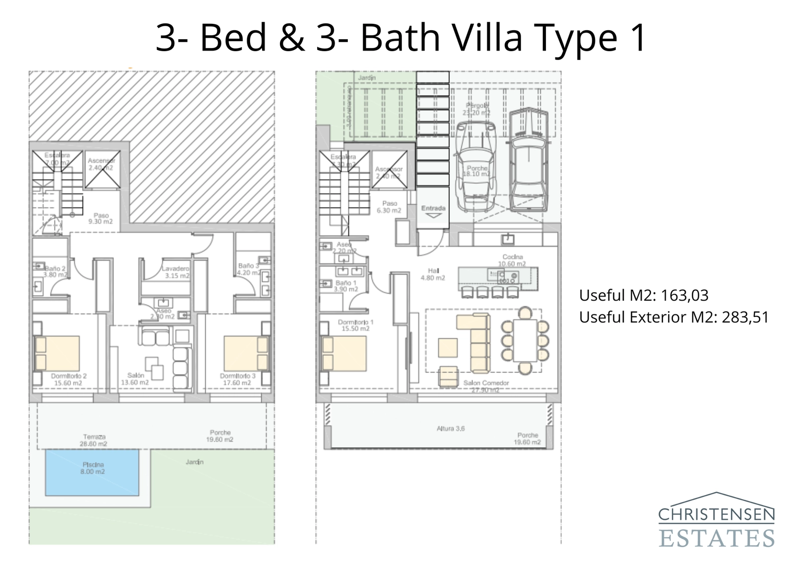 Denne villaplanløsningen viser en intelligent bruk av plass, som skaper en sømløs overgang mellom innendørsrommene og uteplassen og hagen.