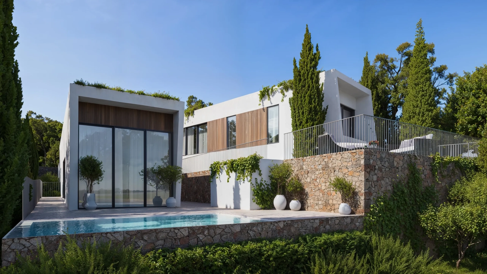 Rene linjer og naturlige materialer skaper et sofistikert eksteriør som er i full harmoni med sine naturlige omgivelser.