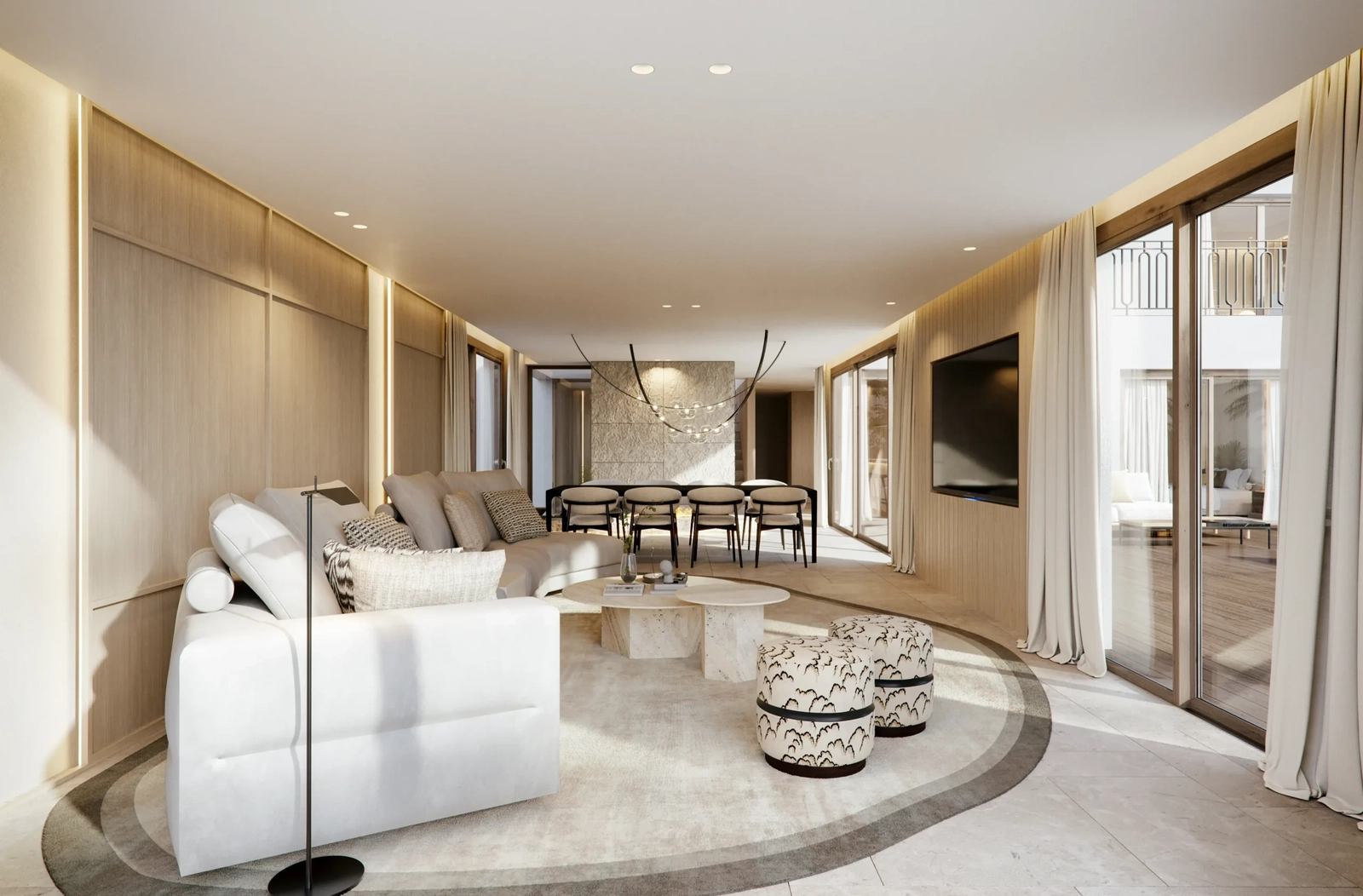 Store vinduer forbinder innendørs oppholdsrom med de vakre utendørsterrassene, noe som skaper en flytende boopplevelse.