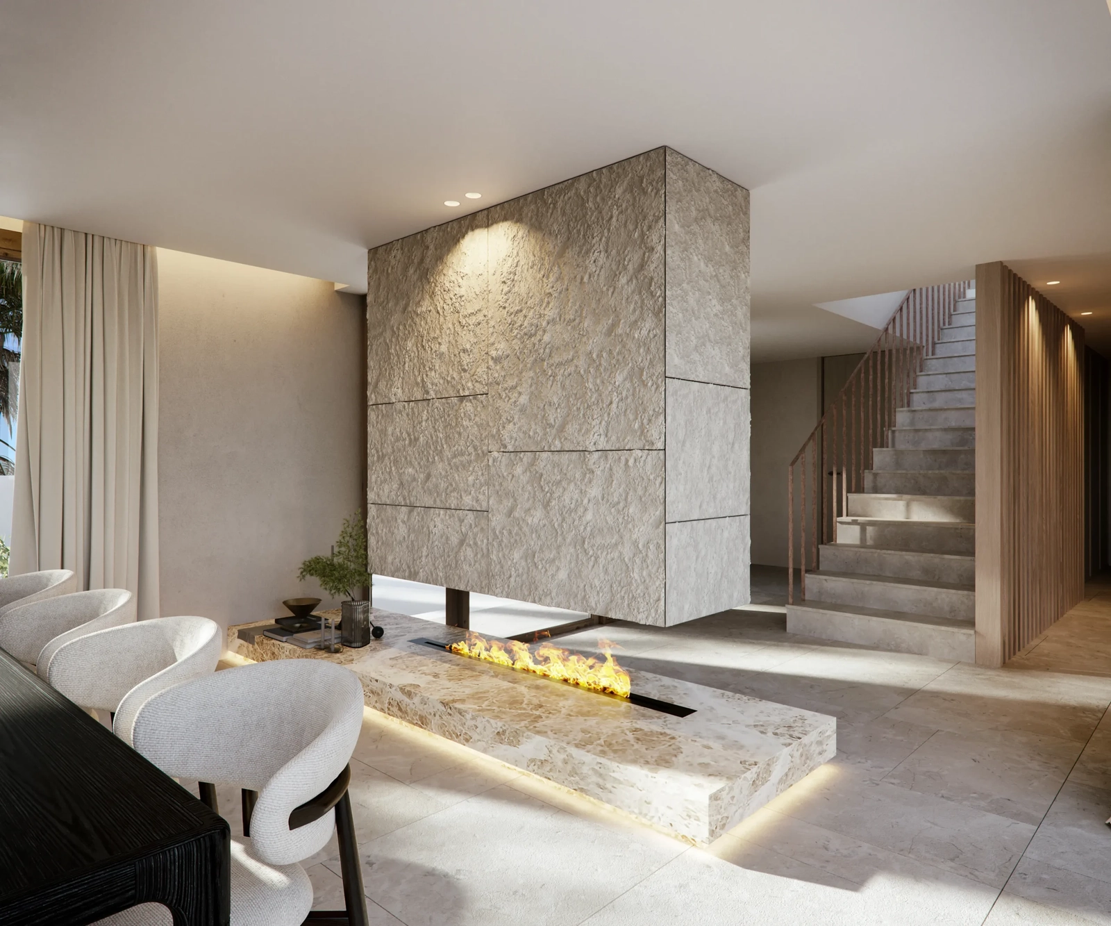 En moderne peis laget av naturstein fungerer som et fantastisk midtpunkt, og legger til varme og stil.