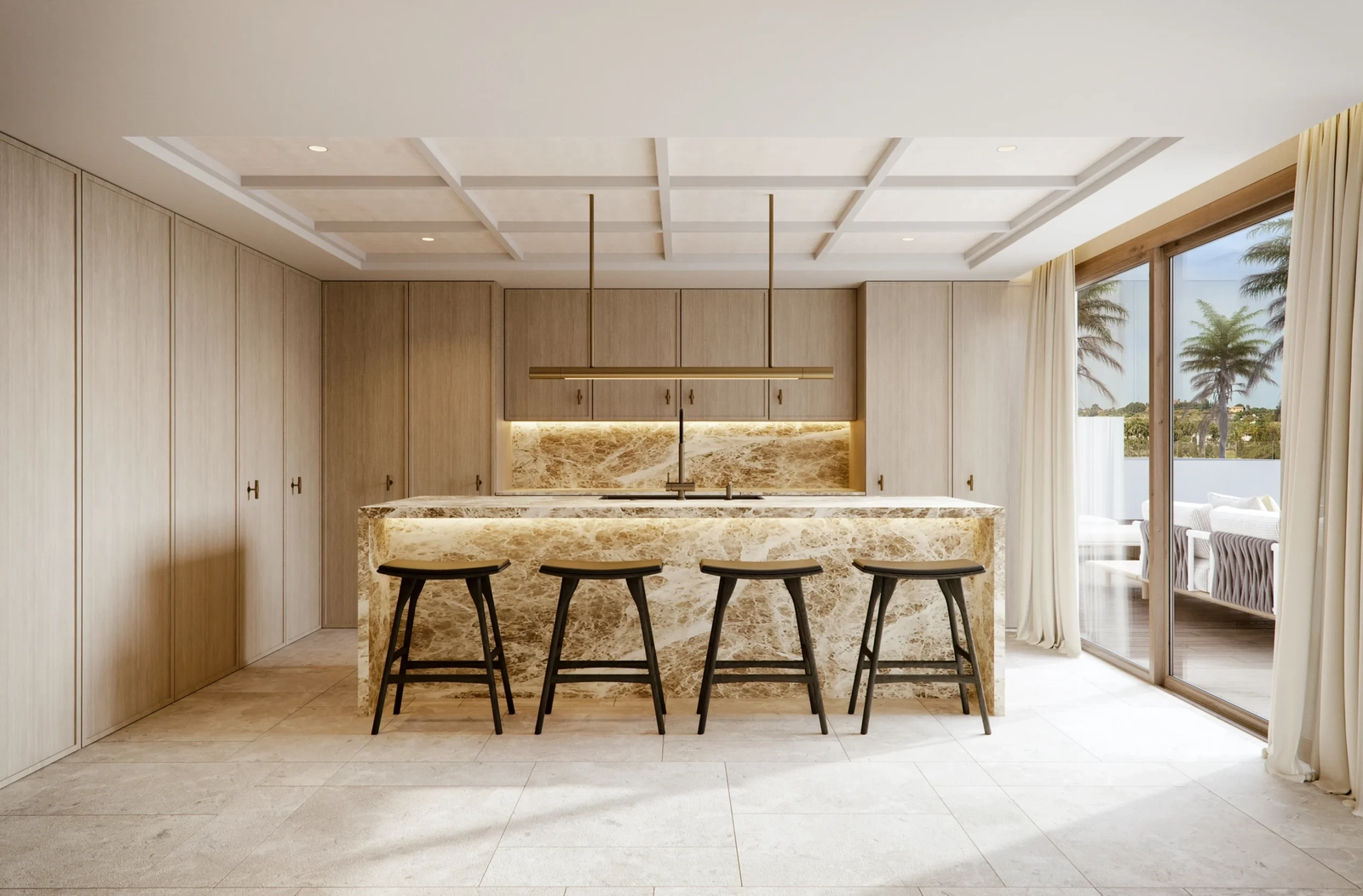 Designerkjøkkenet har en slående marmorøy og toppmoderne hvitevarer, perfekt for hverdagsbruk og underholdning av gjester.