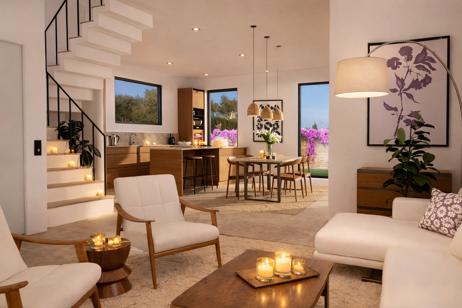 Den åpne planløsningen forbinder stue, spisestue og kjøkkenområder, og skaper en harmonisk flyt gjennom hovedetasjen.